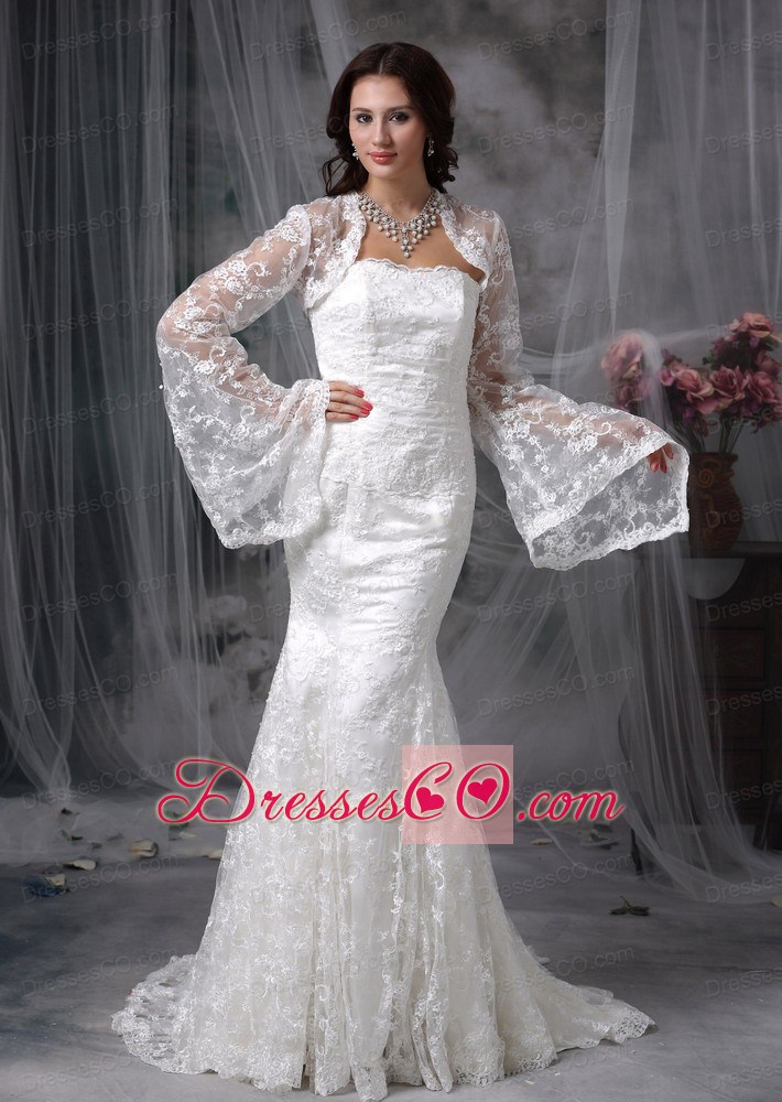 Modest Mermaid Strapless Court Train Lace Wedding Dress